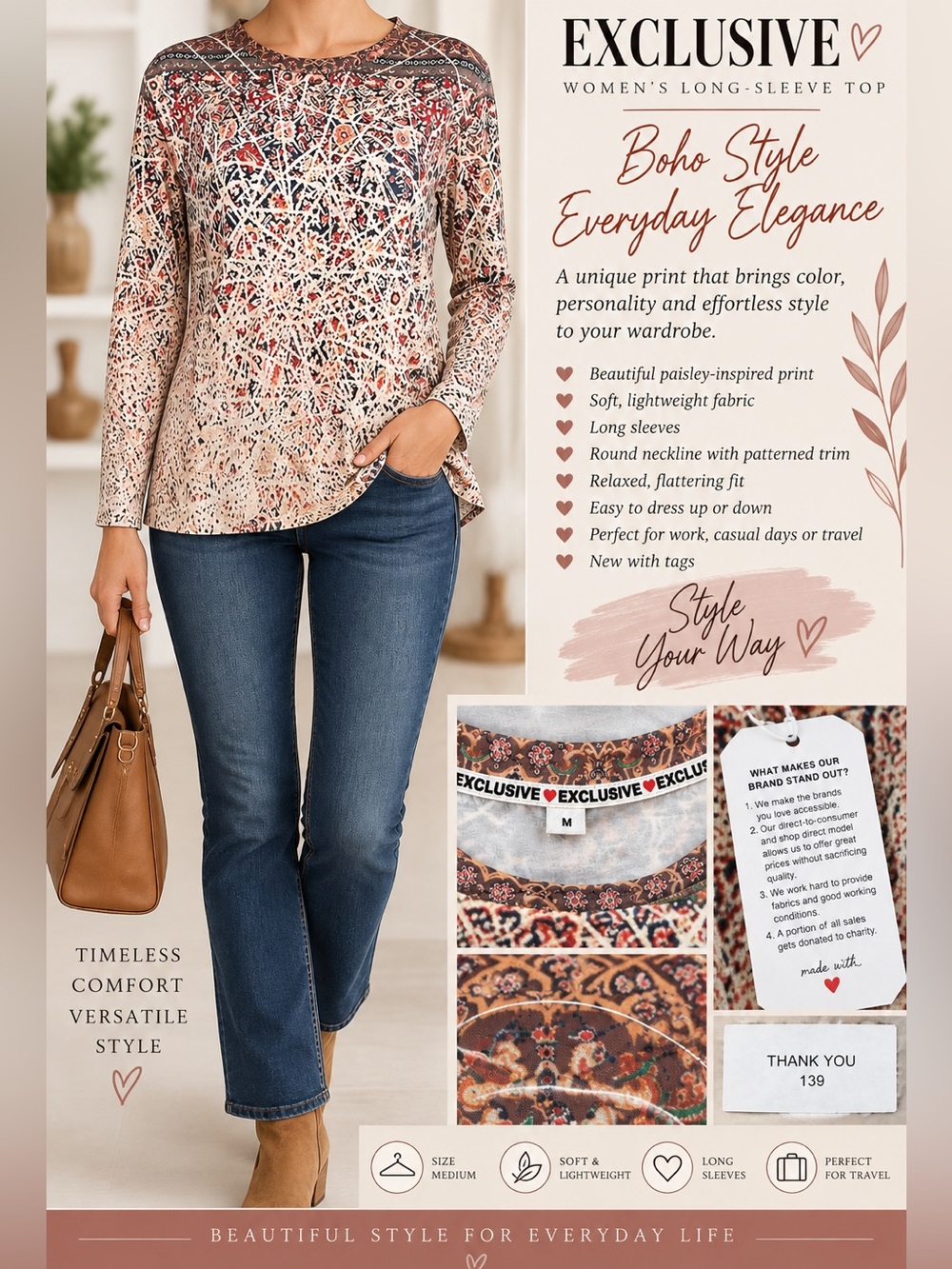 Boho Inspired Long Sleeve Top - size M